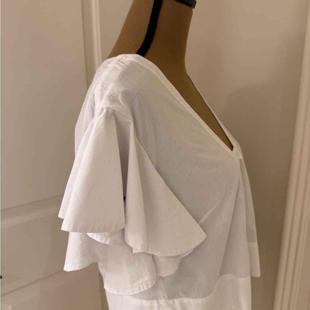 MAEVE ANTHROPOLOGIE | White Cotton Poplin Flutter Sleeve Pullover Blouse - Picture 8 of 11